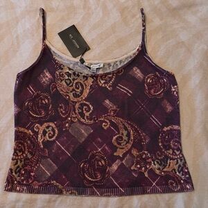 NWT St. John Aubergine Purple and Gold Patterned Knit Camisole Sz L